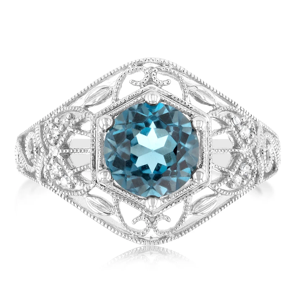 1.5Ct London Blue Topaz Ring with 8 Diamonds in Sterling Silver – Shiels Jewellers