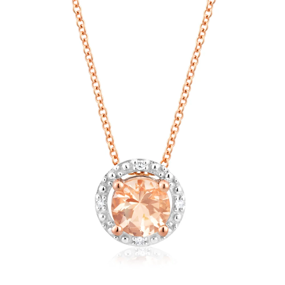 9ct Rose Gold Morganite 5mm with Diamond Halo Pendant With 45cm Chain – Shiels Jewellers