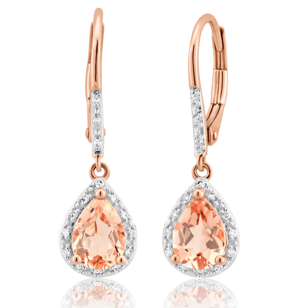 9ct Rose Gold Morganite 7x5mm Pear & Diamond Drop Earrings – Shiels Jewellers