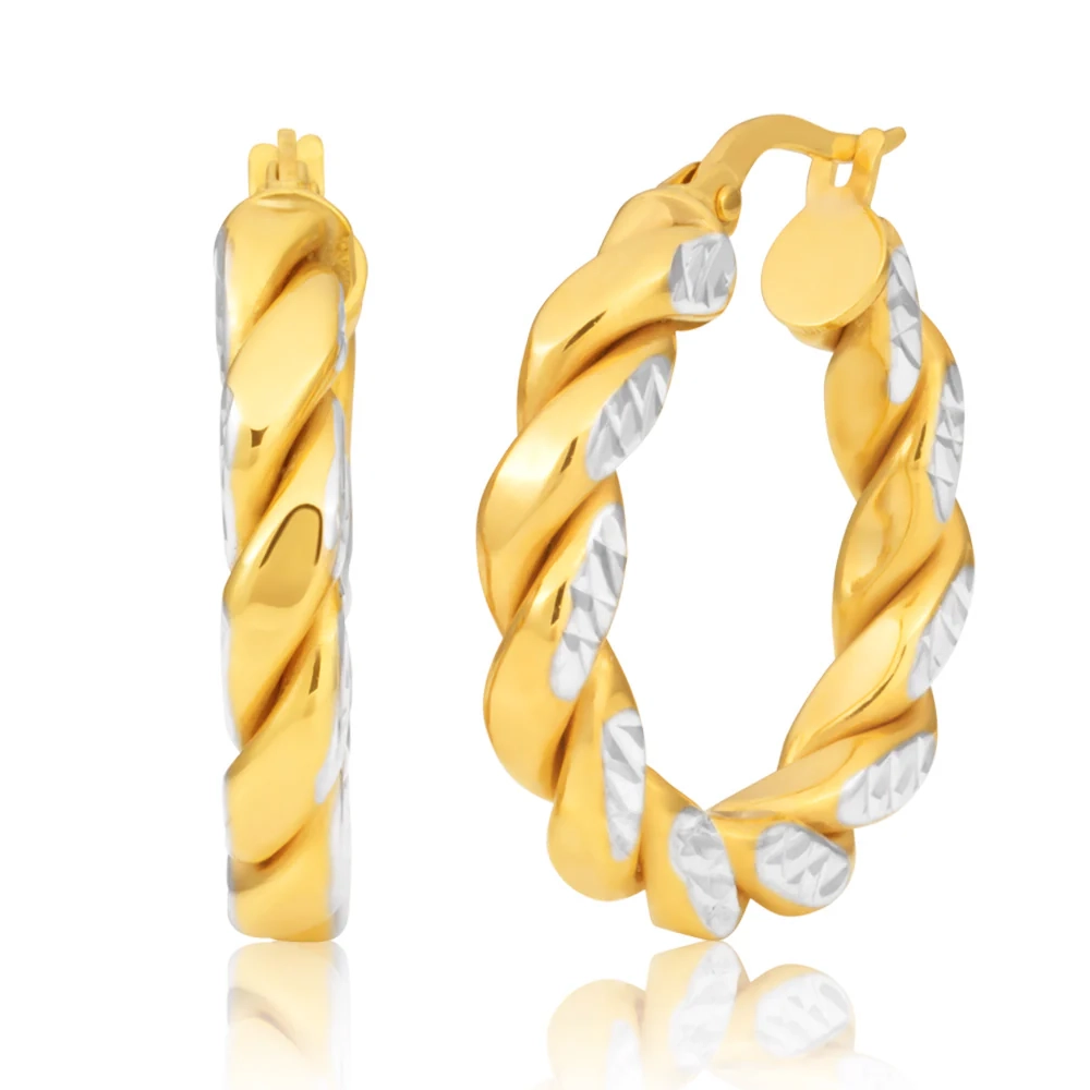 9ct Two-Tone 15mm Fancy Twist Diamond Cut Pattern Hoop Earrings – Shiels Jewellers