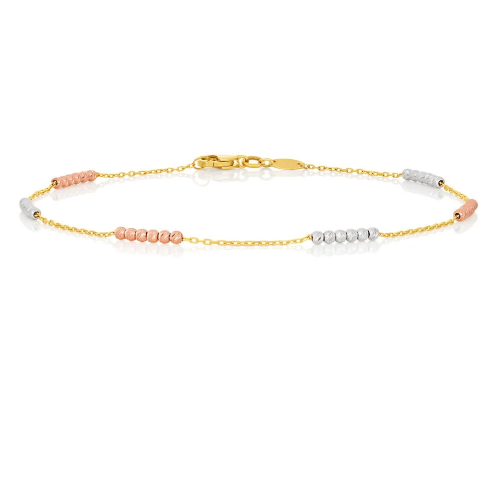 9ct Yellow Gold Anklet 23cm with 3 Tone Beads – Shiels Jewellers