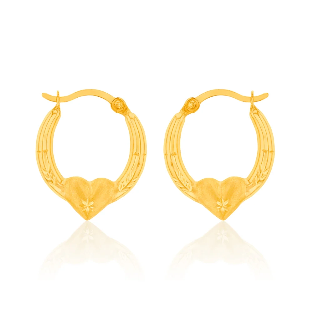 9ct Yellow Gold Diamond Cut Heart On Hoop Earrings – Shiels Jewellers