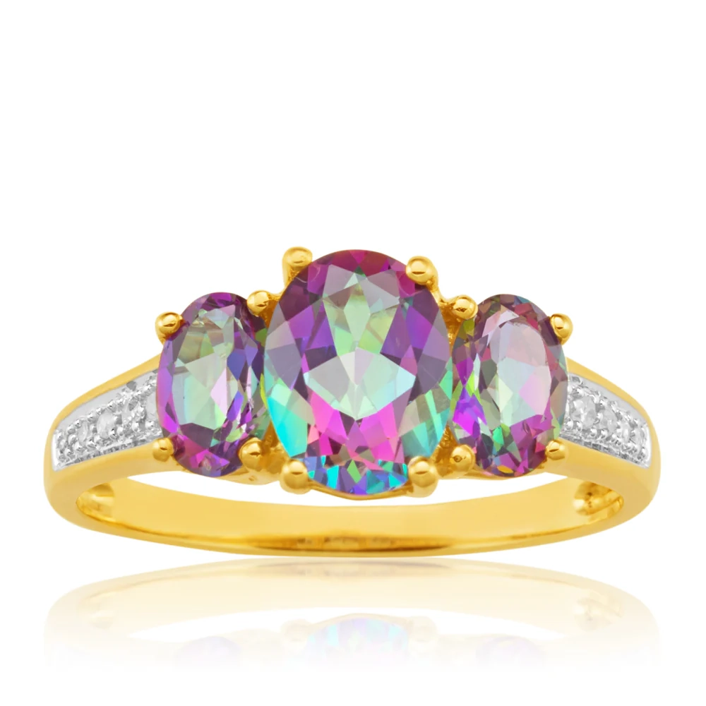 9ct Yellow Gold Enhanced Mystic Topaz Oval Cut & Diamond Trilogy Ring – Shiels Jewellers