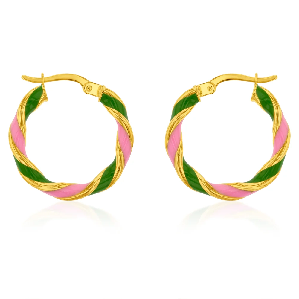 9ct Yellow Gold Silverfilled 15mm Pink And Green Enamel On Twisted Hoo – Shiels Jewellers