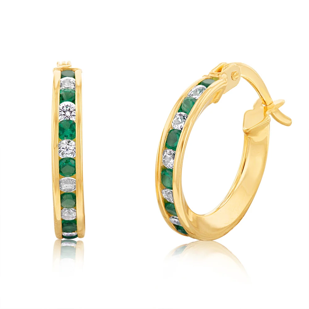 9ct Yellow Gold Silverfilled Green Cubic Zirconia 10mm Hoop Earrings – Shiels Jewellers