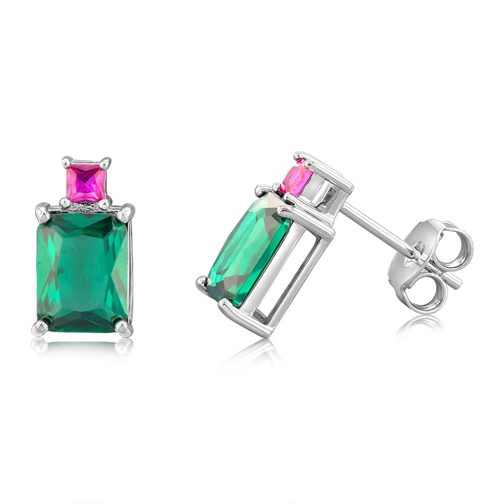 Sterling Silver Rhodium Plated Green And Pink Cubic Zirconia Stud Earr – Shiels Jewellers