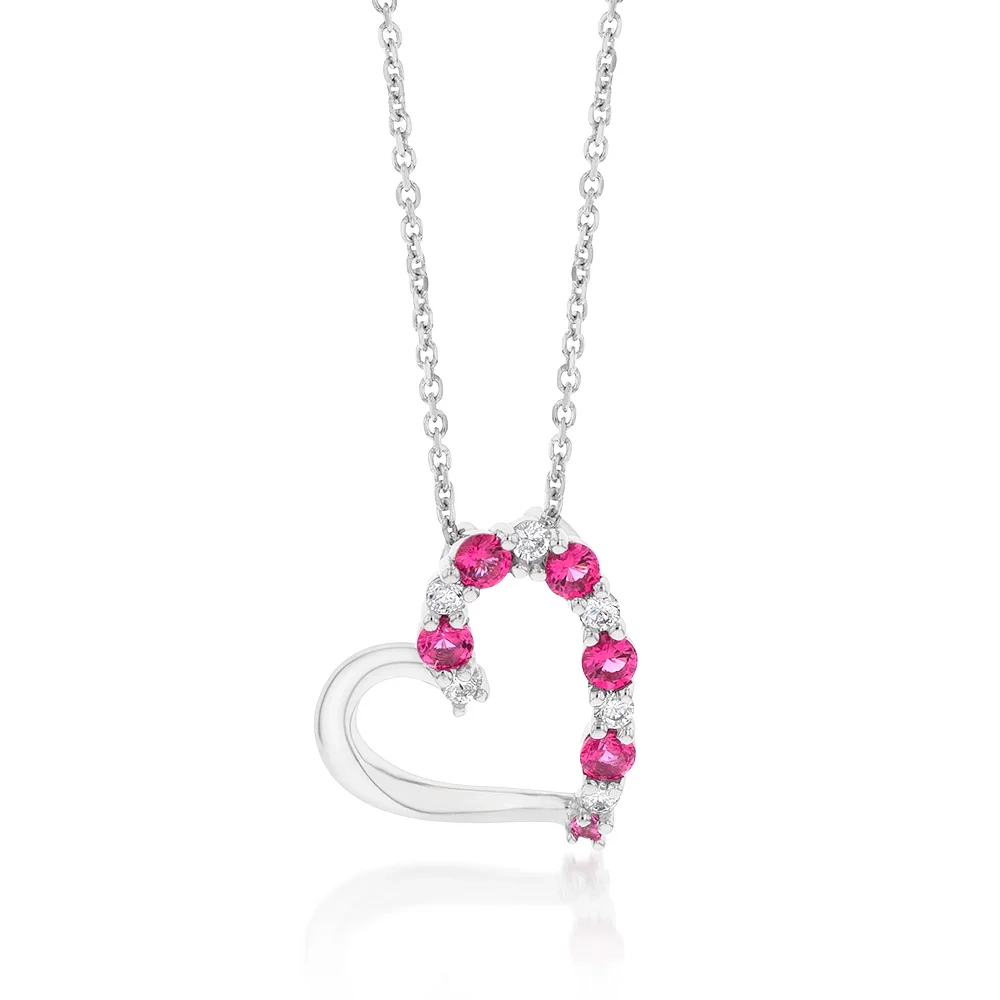 Sterling Silver Rhodium Plated Pink And White CZ Heart Pendant With 45 – Shiels Jewellers