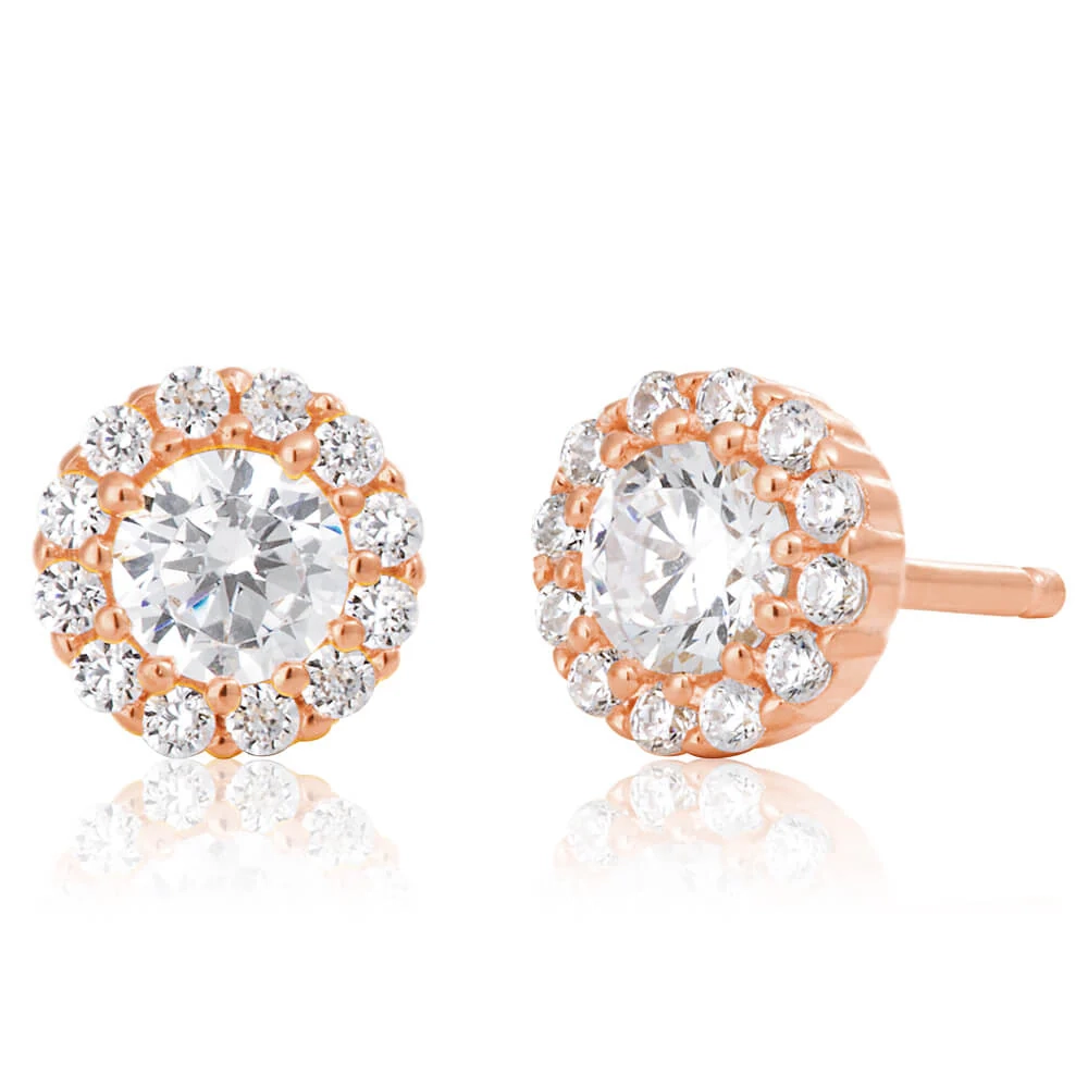 Sterling Silver Rose Gold Plated Cubic Zirconia Brilliant Cut Halo Stu – Shiels Jewellers