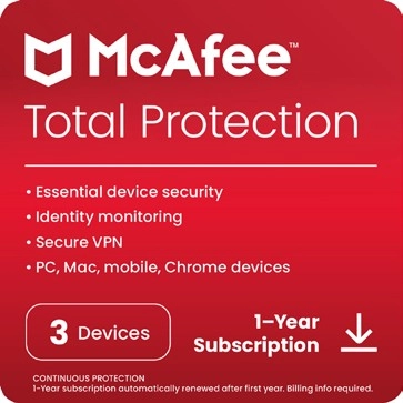 McAfee Total Protection 3 Device 1 Year ESD