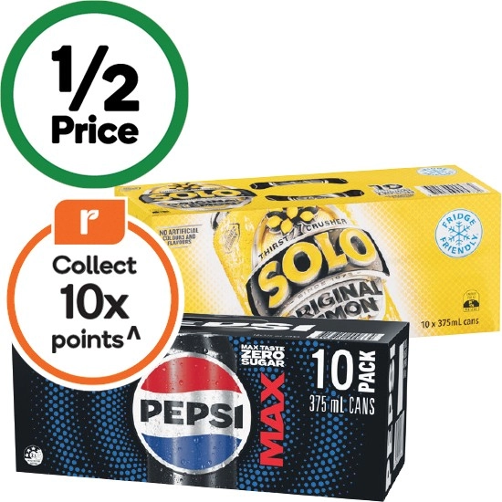 Pepsi, Solo, Mountain Dew, Schweppes Lemonade Soft Drink Varieties 10 x 375ml