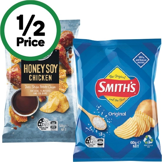 Smith’s Crinkle Cut Chips 60g, Doritos Corn Chips 60g or Red Rock Deli Chips 50g