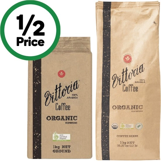 Vittoria Organic Beans or Ground Coffee 1 kg