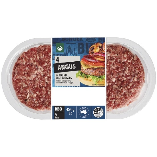 Woolworths Australian Angus 1/4 Pound Beef Burgers 454g Pk 4