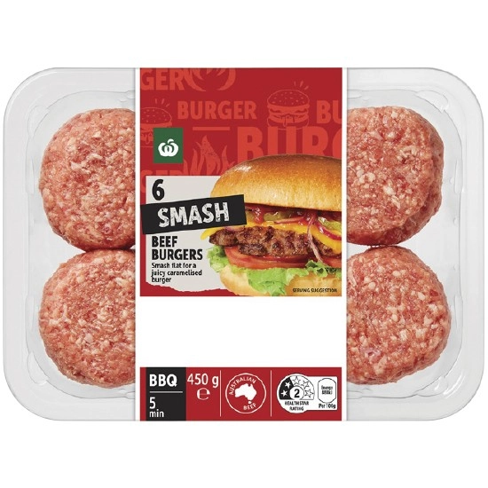 Woolworths Australian Beef Smash Burgers 450g Pk 6