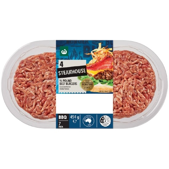 Woolworths Australian Steakhouse 1/4 Pound Beef Burgers 454g Pk 4