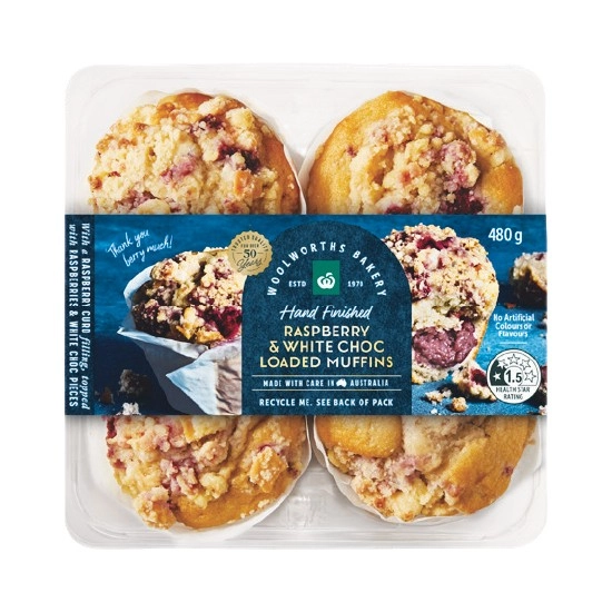 Woolworths Loaded Raspberry White Chocolate, Carrot Cake, or Lemon Poppyseed Muffins Pk 4