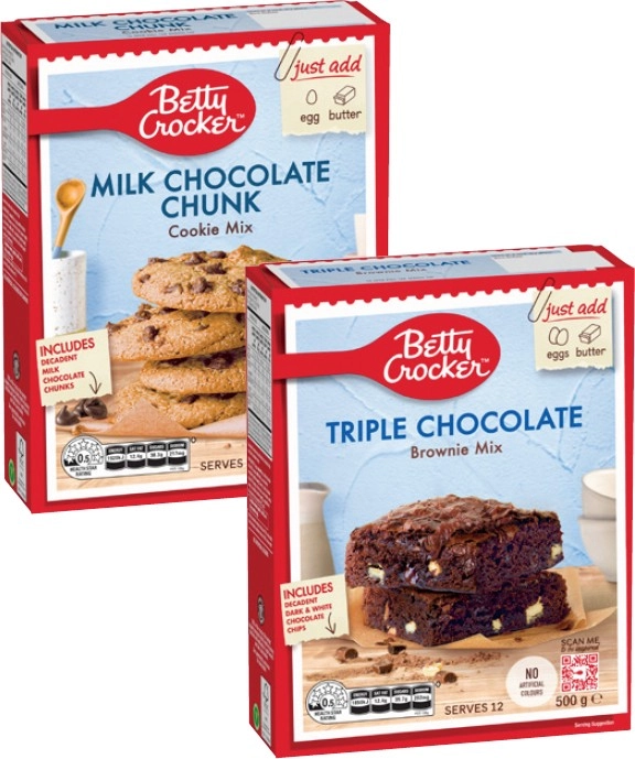 Betty Crocker Chocolate Chunk Cookie Mix 485g or Triple Chocolate Fudge Brownie Mix 500g