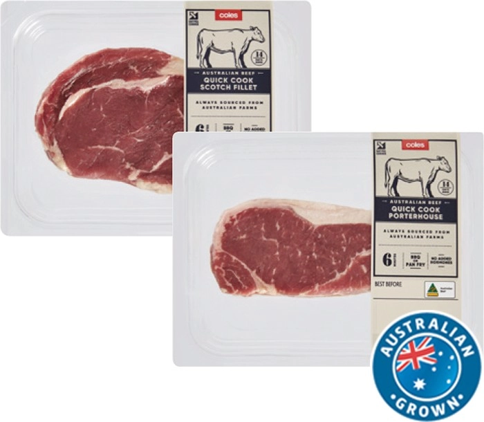 Coles Australian No Added Hormones Beef Quick Cook Scotch Fillet 170g or Porterhouse Steak 180g