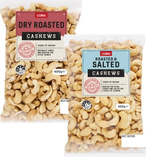 Coles Dry Roasted, Natural, Honey or Roasted & Salted Cashews 400g Pack