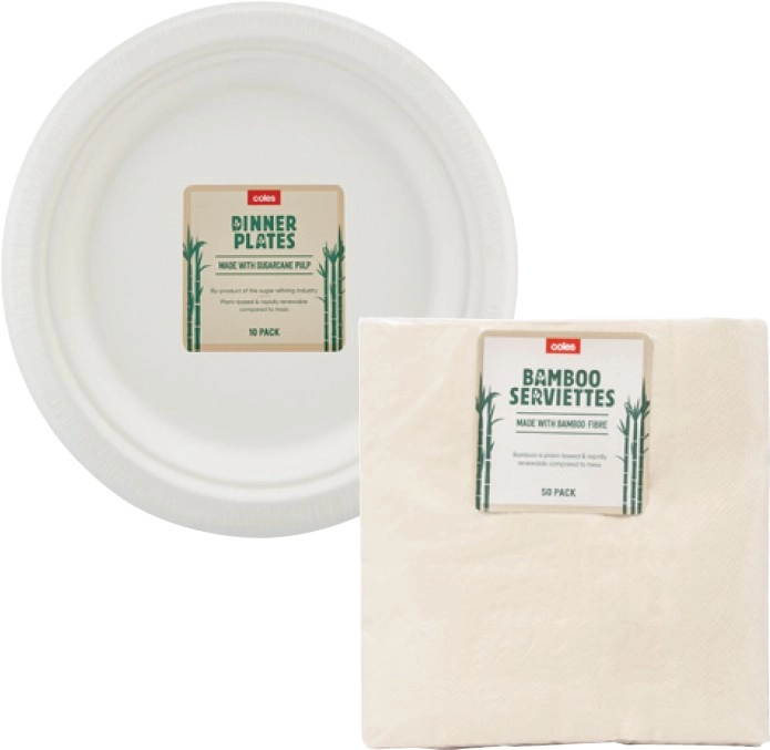 Coles Sugarcane Dinner Plates 10 Pack or Bamboo Lunch Serviettes 50 Pack