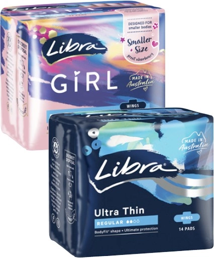 Libra Ultra Thin Pads with Wings Regular 14 Pack or Girl 12 Pack