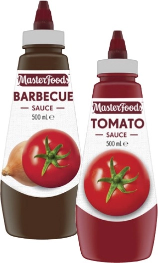 MasterFoods Squeeze Tomato or Barbecue Sauce 475mL-500mL