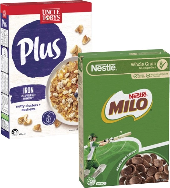 Nestlé Milo Cereal 535g-620g or Uncle Tobys Plus Cereal 565g-705g