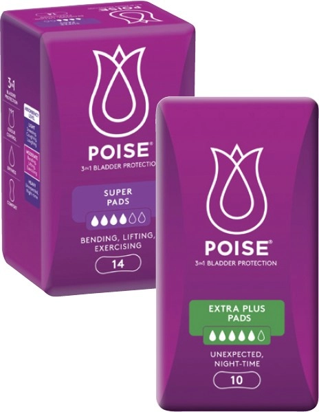 Poise Incontinence Pads Super 14 Pack or Extra Plus 10 Pack