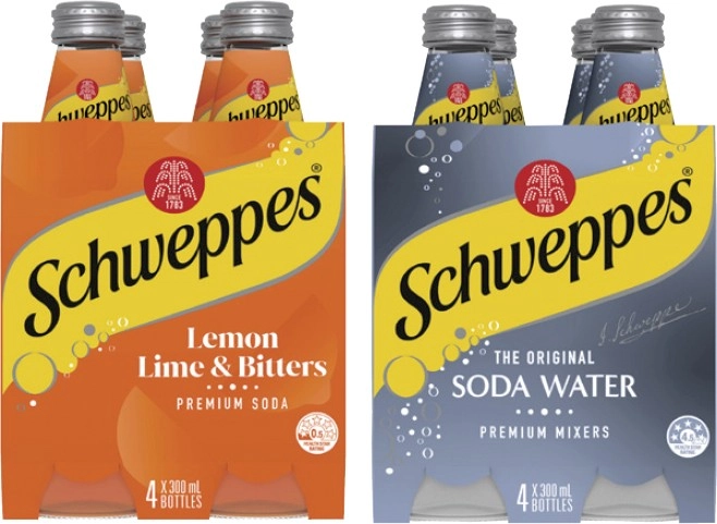 Schweppes Mixers, Soft Drink or Mineral Water 4x300mL