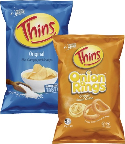 Thins Potato Chips 150g-175g or Thins Onion Rings 85g