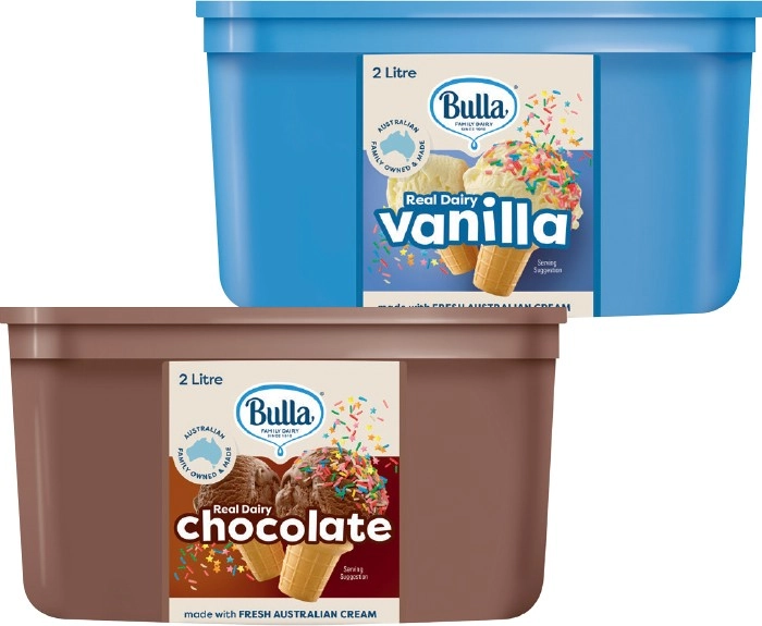 Bulla Ice Cream Vanilla or Chocolate 2 Litre