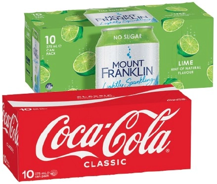 Coca-Cola, Sprite, Fanta or Mount Franklin Lightly Sparkling 10x375mL Selected Varieties