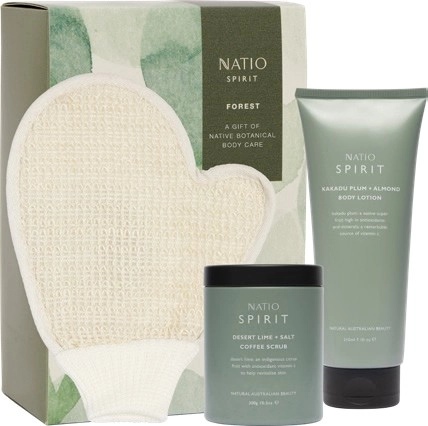 Natio Forest Desert Lime + Salt Coffee Scrub 300g, Kakadu Plum + Almond Body Lotion 210mL with Spirit Bath Glove