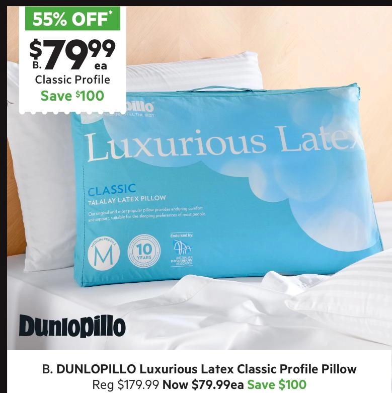 Dunlopillo Luxurious Latex Classic Profile Pillow White Standard