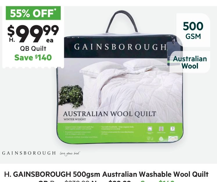 Gainsborough 500 GSM Australian Washable Wool Quilt