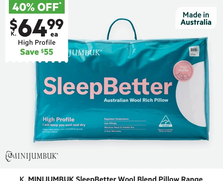 MiniJumbuk Sleep Better Australian Wool High Profile Pillow White Standard