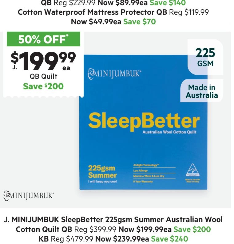 MiniJumbuk SleepBetter 225 GSM Summer Australian Wool Cotton Quilt