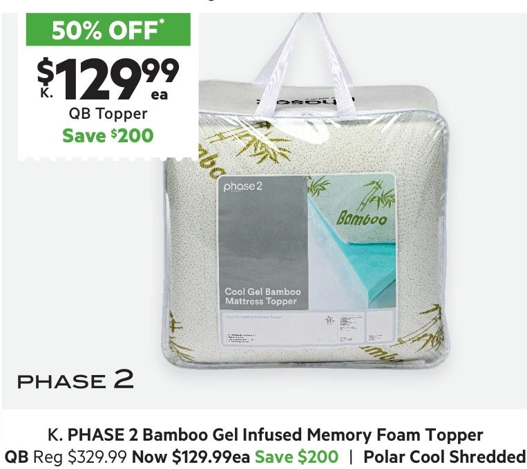 Phase 2 Bamboo Gel Infused Mattress Topper White Queen