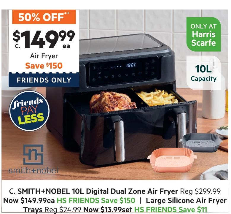 Smith + Nobel 10L Digital Dual Zone Air Fryer with Movable Divider SNDZ2200