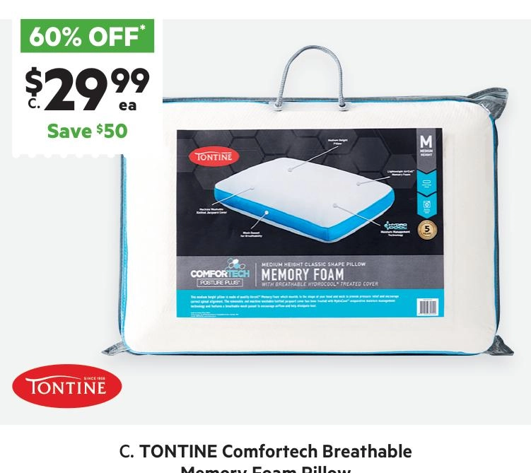 Tontine Comfortech Breathable Memory Foam Pillow Medium Standard