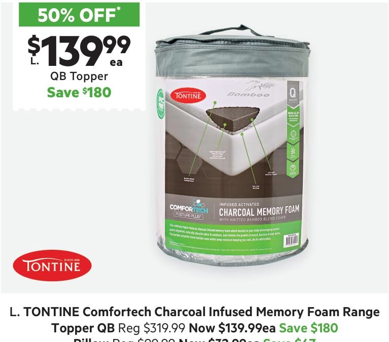 Tontine Comfortech Charcoal Infused Memory Foam Topper Queen