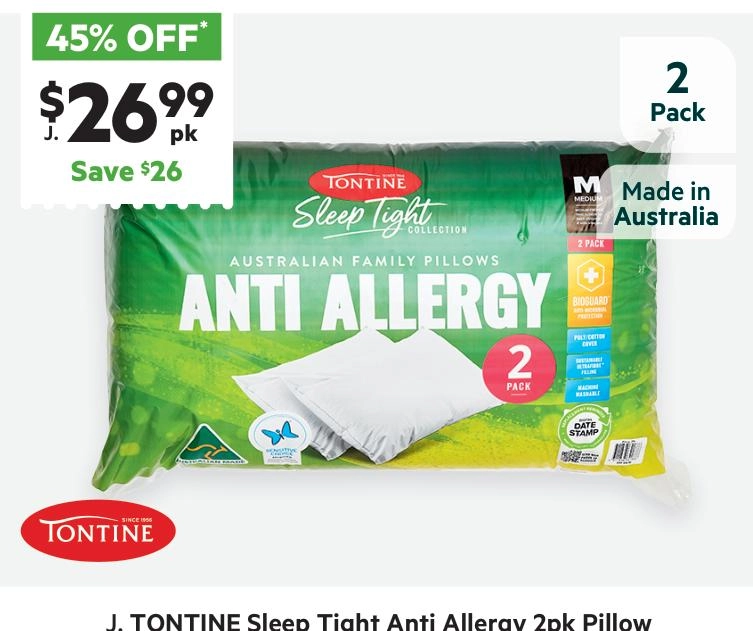 Tontine SleepTight Anti Allergy Medium Pillow 2 Pack