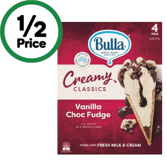 Bulla Cones or Sandwiches 520-560ml Pk 4 – From the Freezer