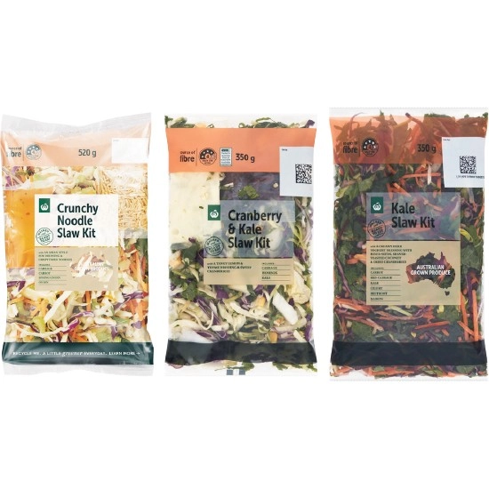 Woolworths Crunchy Noodle Slaw Kit 520g, Cranberry & Kale Slaw Kit 350g or Kale Slaw Kit 350g Pack