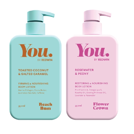 You By Redwin Beach Bum Toasted Coconut & Salted Caramel or Flower Crown Rosewater & Peony Body Lotion 350ml