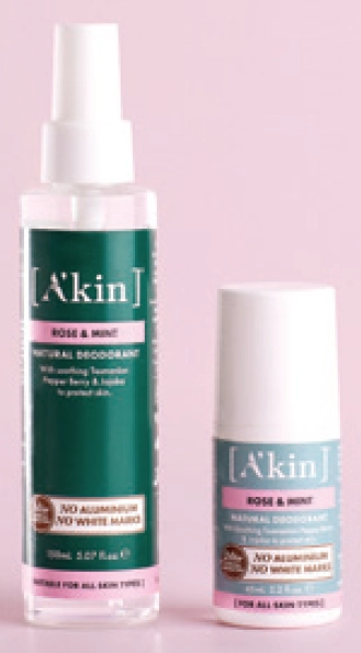 A’Kin Rose & Mint Deodorant Spray 150ml or Roll On 65ml