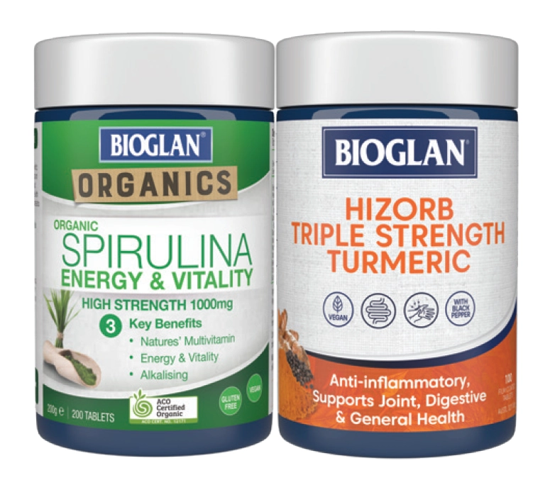 Bioglan Organic Spirulina 1000mg 200 Tablets or Hi-Zorb Triple Strength Turmeric 100 Tablets