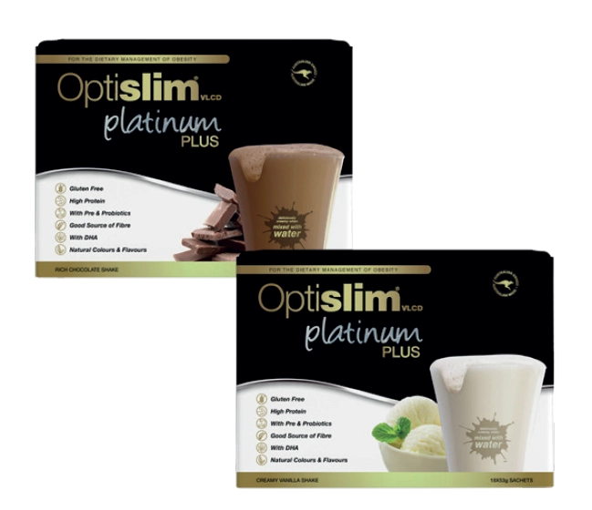 Optislim VLCD Platinum Plus Chocolate or Vanilla Flavour 18x53g Sachets