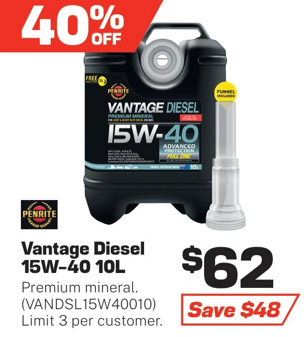 Penrite Vantage Diesel 15W-40 Engine Oil 10L - VANDSL15W40010