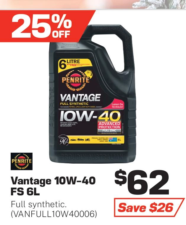 Penrite Vantage Full Synthetic 10W-40 Engine Oil 6L - VANFULL10W40006